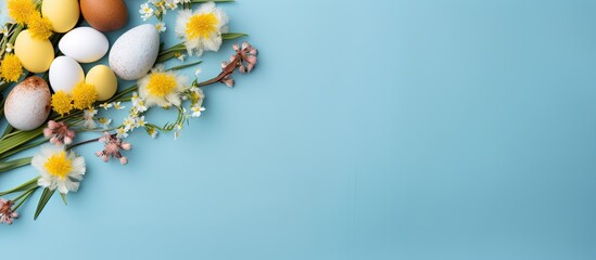 Poster - Easter themed flat lay with mimosa flowers tulips decorative hens and eggs in small nests on a blue background Top view with copy space for an Easter card image