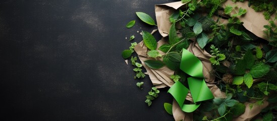 Poster - Eco friendly concept shown in a flat lay image of recyclable paper waste emphasizing the importance of environmental care and social responsibility. Creative banner. Copyspace image