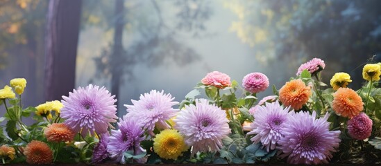 Aufkleber - A composition featuring chrysanthemum flowers and forest decor against a colorful background with copy space for images