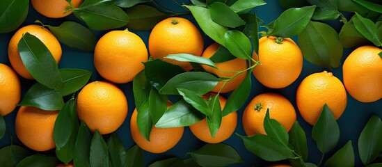 Poster - Top view of a composition featuring ripe oranges and leaves arranged on a colorful background leaving room for text in the copy space image
