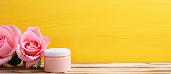 Poster - Pink wooden background featuring a yellow rose and a cosmetic cream Copy space image 54 characters