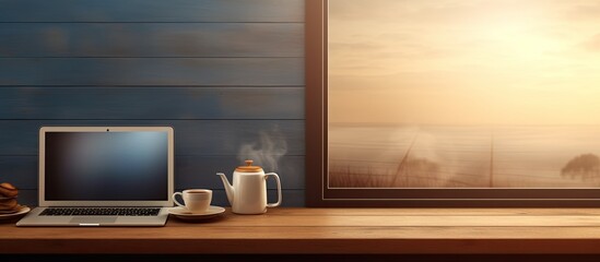 Poster - A workplace featuring a desk with a digital tablet and a coffee cup providing a copy space image