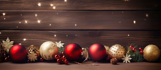 Poster - A festive Christmas background featuring assorted decorations gift boxes and colorful ornaments arranged on a rustic wooden board creating a visually appealing copy space image