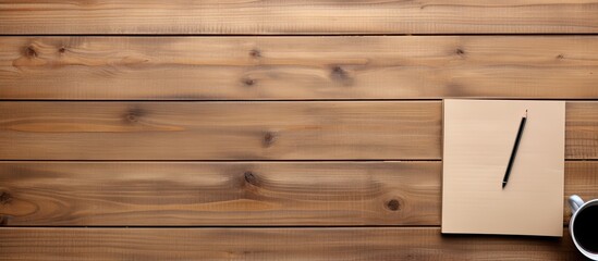 Aufkleber - Top view background featuring a vintage wooden table with a notebook pencil and copy space image for starting work in an educational setting