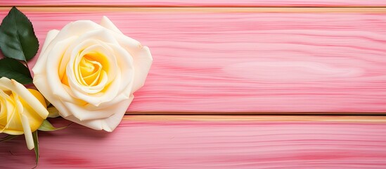 Poster - Pink wooden background featuring a yellow rose and a cosmetic cream Copy space image 54 characters