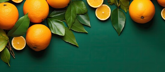 Poster - Top view of a composition featuring ripe oranges and leaves arranged on a colorful background leaving room for text in the copy space image