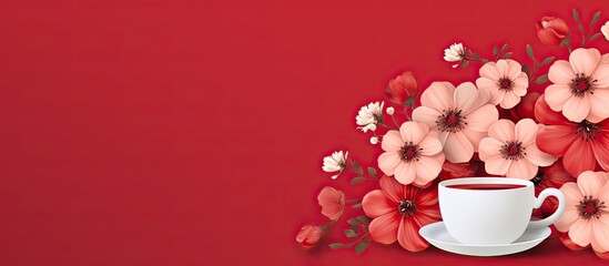 Poster - A flat design featuring a composition of flowers set on a red background with decorative flowers ideal for a tea party Copy space image