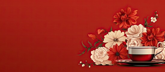 Poster - A flat design featuring a composition of flowers set on a red background with decorative flowers ideal for a tea party Copy space image