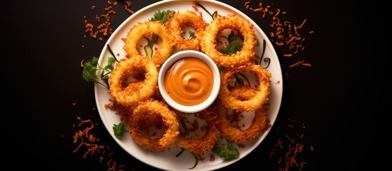 Top view of a plate featuring crispy fried onion rings and a delicious sauce creating a visually appealing copy space image on the table