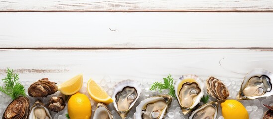 Sticker - A seafood dish featuring fresh oysters accompanied by lemon beautifully presented in a top view composition on a white wooden background with ample copy space available