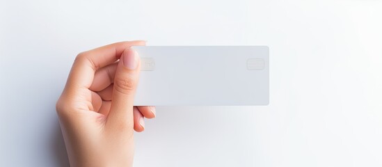 Poster - A female hand holding a plastic payment card with a white background providing copy space