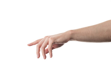 Wall Mural - young adult man hand touch or click something isolated on white