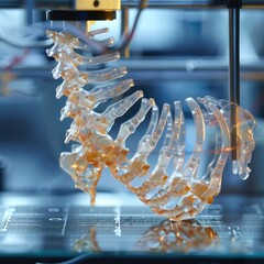 A 3D rendering of a human head bone and ribs shows a 3D product printed in a lab with a computer and 3D printer.