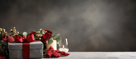 Aufkleber - A festive and stylish Christmas table arrangement featuring a gift box placed on a textured concrete background creating a visually appealing copy space image