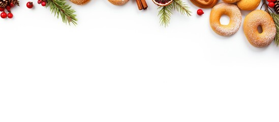 Poster - A festive arrangement for Christmas and New Year featuring a gift a red cap fir branches bagels and cinnamon all beautifully displayed on a white background This top down image creates a cheerful atm