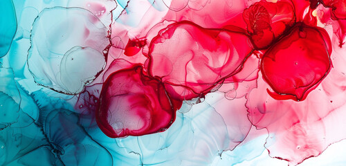 Cherry red and ice blue modern abstract with alcohol ink and oil paint texture.