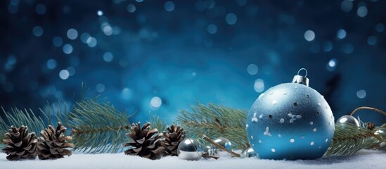 Poster - A festive Christmas greeting card featuring a vibrant blue background adorned with a bauble pine cones and twinkling fairy lights allowing for ample space for text or other images