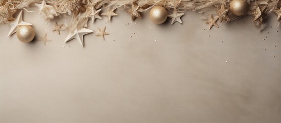 Poster - A festive New Year s background with Christmas decorations arranged on a linen texture The design is a celebration of Xmas featuring a flat lay pattern with ample copy space for added creativity