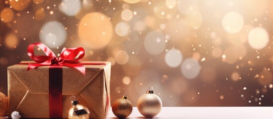 Poster - A festive scene of Christmas decorations including gift boxes a New Year tree and confetti on a blurred background with copy space image