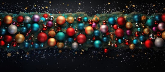 Aufkleber - A festive Christmas scene featuring a vibrant Christmas tree adorned with colorful toys and sequined balls The image is seen from a top view with a flat surface providing ample space for custom inscr