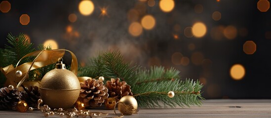 Poster - A festive Christmas themed table with a beautifully decorated Christmas tree branch a golden bell and plenty of space for text or images. Creative banner. Copyspace image