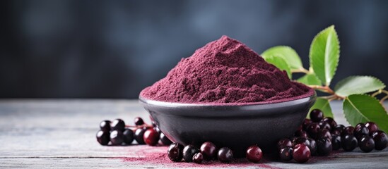 Poster - A bowl filled with Organic Aronia powder and fresh aronia berries is placed on a table with ample copy space surrounding the image