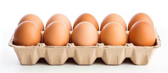 Poster - A cardboard box filled with chicken eggs placed on a white background with ample space for copying the image