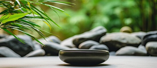 Aufkleber - Bowl filled with stones surrounded by bamboo grove on mat background copy space image