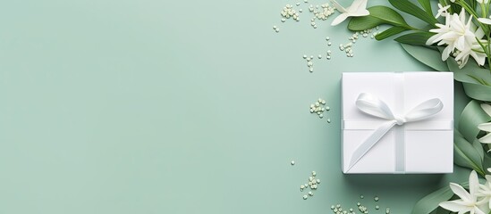 Poster - A flat lay composition featuring a gift box white invitation card and copy space image on a refreshing green background