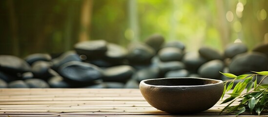 Aufkleber - Bowl filled with stones surrounded by bamboo grove on mat background copy space image