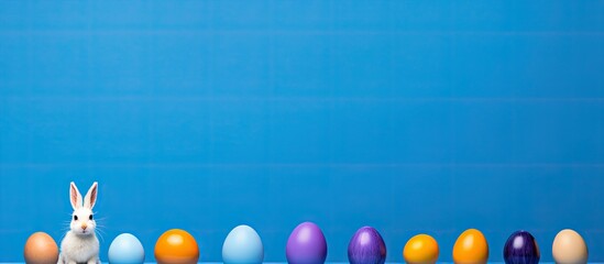 Poster - A creative flat lay featuring a row of Easter eggs accompanied by a bunny set against a blue background The image offers copy space and is viewed from the top