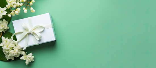 Poster - A flat lay composition featuring a gift box white invitation card and copy space image on a refreshing green background
