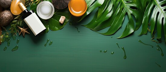 Poster - A flatlay composition with a variety of body care items including tropical leaves on a colorful background creating a spa and body care concept Copy space image
