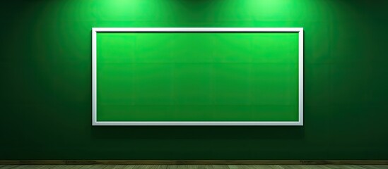 Poster - The framed picture on the wall features a green screen to easily incorporate content such as images or text effectively The frame is made of wood and is situated against a black or white wall providi