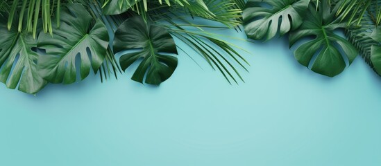 Poster - The top view of a tropical frame with green palm trees monstera leaves and branches on a neo mint background The image provides abstract copy space