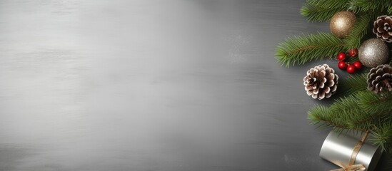 Aufkleber - From above you can see a Christmas table with silver decorations fir branches and a gray background There is empty space for text in the image. Creative banner. Copyspace image
