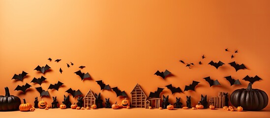 Poster - From above there is a view of a bulletin board decorated with spooky wooden blocks and paper bat mice on an orange background The image provides copy space and conveys the concept of the Halloween ho