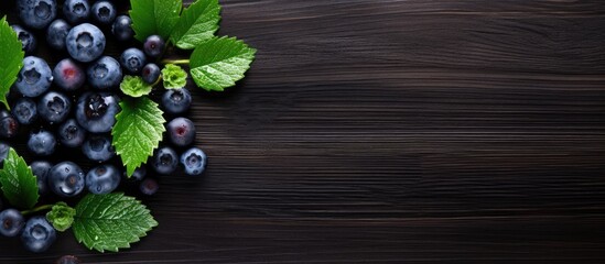 Aufkleber - From above a collection of fresh blueberries and black berries are displayed on a wooden table Green leaves water drops and a black stone board add aesthetic appeal There is also copy space available