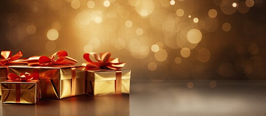 Leinwandbilder - Gold gift boxes with red ribbons stacked on a textured metallic gold background providing ample space for additional images or text