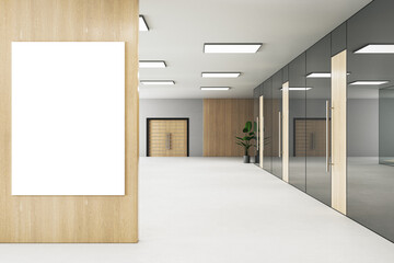 Poster - Modern office hallway interior with blank white mock up banner on wall, wooden, glass and concrete elements. 3D Rendering.
