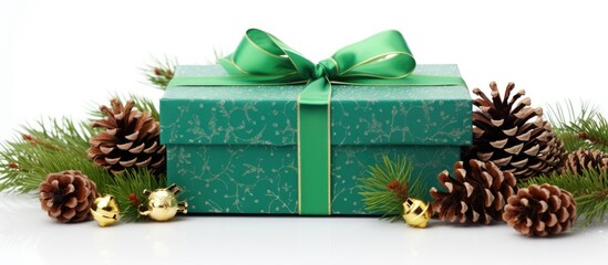 Poster - A festive green gift box with Christmas holiday elements is displayed on a white background adorned with pine cone decorations Ideal for use as a copy space image 147 characters