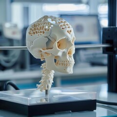 A 3D rendering of a human head bone and ribs shows a 3D product printed in a lab with a computer and 3D printer.