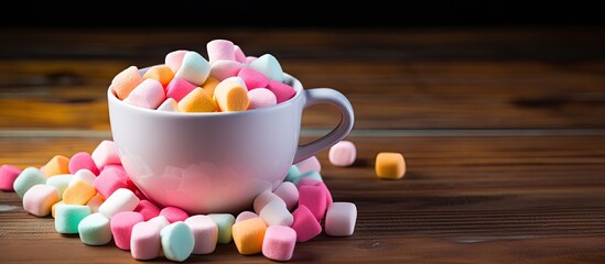 Sticker - A gourmet s soft and colorful dessert multicolored marshmallows in a coffee cup Copy space image