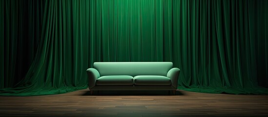 Poster - In a green room there is a gray fabric sofa located beside a wooden curtain In the front there is a table This image has ample copy space