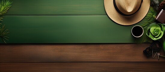 Poster - A green wood background with empty space for writing is seen providing a backdrop for traveler accessories This flat lay image captures the essence of a vacation concept. Creative banner