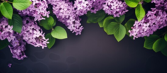 Leinwandbilder - A blooming purple lilac with green leaves arranged creatively in a flat lay composition The image depicts a spring concept with a nature background The top view displays copy space