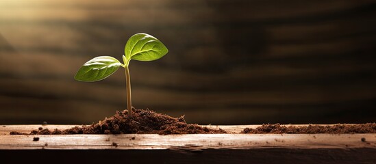 Poster - A concept of growing and planting a green sapling coffee seed representing newborn or afforestation with a copy space image set against a wooden background