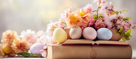 Fototapete - Happy Easter concept with pastel and colorful Easter eggs resting on a nest surrounded by a beautiful bouquet of flowers A blank book nearby offers the perfect copy space image