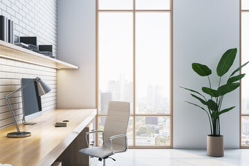 Poster - Side view of modern home office interior with workplace, window with city view and brick wall, decorative plant. 3D Rendering.