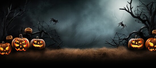 Aufkleber - A haunting Halloween banner featuring pumpkins spider webs and creepy spiders in a copy space image